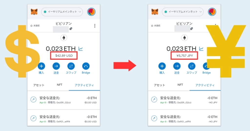 メタマスク　円表記に変える